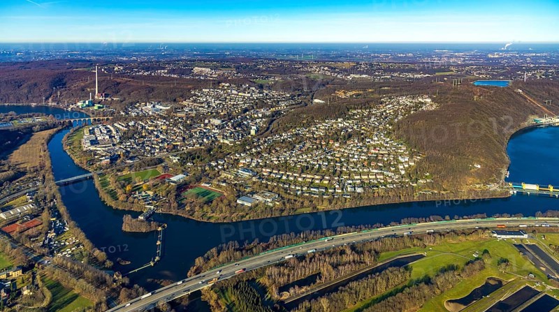 Aerial view, town view, Ruhr river, Ruhr viaduct, Stiftsmühle dam, Herdecke, Ruhr area, North Rhine-Westphalia, Germany, A1 motorway, City, DE, Europe, distant view, property tax, real estate, aerial view, aerial photography, aerial photography, townscape, urban area, weir, overview, bird's eye view, weir, living and life, residential area, residential buildings, birds-eyes view, former Stiftsmühle weir, overview