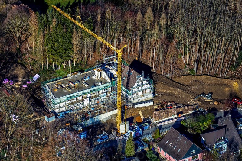 Aerial view, construction site, new development area on Bergweg, Herdecke, Ruhr area, North Rhine-Westphalia, Germany, construction work, construction area, construction site, building plots, construction crane, construction measure, construction project, construction site, DE, development, Europe, aerial view, aerial photography, aerial photography, new construction, overview, bird's eye view, forest dieback, birds-eyes view, overview