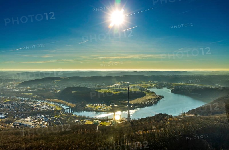 Aerial view, landscape panorama, Harkortsee, river Ruhr, view to Hagen-Vorhalle, Herdecke, Ruhr area, North Rhine-Westphalia, Germany, view to Sauerland, bridge, Cuno power plant, DE, Europe, backlight, hilly landscape, Kaisberg, sewage treatment plant, landscape, aerial view, aerial photography, aerial photography, Ruhr viaduct Herdecke, Ruhrverband sewage treatment plant Hagen, sun, overview, bird's eye view, meadows and fields, birds-eyes view, overview