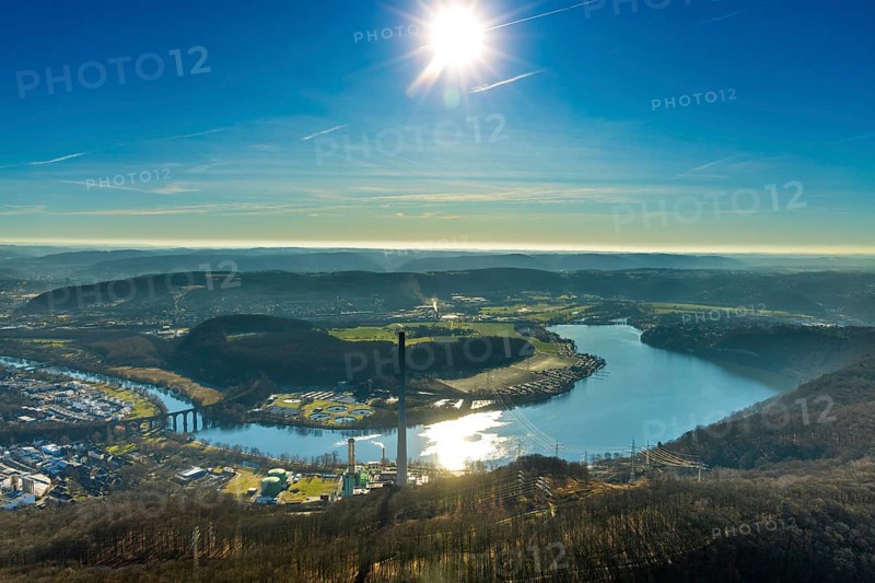 Aerial view, landscape panorama, Harkortsee, river Ruhr, view to Hagen-Vorhalle, Herdecke, Ruhr area, North Rhine-Westphalia, Germany, view to Sauerland, bridge, Cuno power plant, DE, Europe, backlight, hilly landscape, Kaisberg, sewage treatment plant, landscape, aerial view, aerial photography, aerial photography, Ruhr viaduct Herdecke, Ruhrverband sewage treatment plant Hagen, sun, overview, bird's eye view, meadows and fields, birds-eyes view, overview
