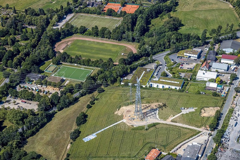 Aerial view, commercial area Gahlenfeld, construction site, power line, sports facility Herdecke-Ende, end, Herdecke, Ruhr area, North Rhine-Westphalia, Germany, construction work, construction area, construction site, construction measure, construction project, DE, Europe, football pitch, football club, Gahlenfeld, Gahlenfeldstraße, industrial area, industrial estate, industrial park, industrial site, aerial view, aerial photography, aerial photography, sports, sports facilities, sports field, sports facility, tennis, tennis facility, tennis courts, tennis club, overview, bird's-eye view, birds-eyes view, overview
