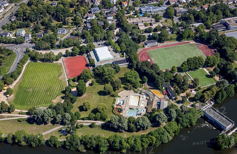 Aerial view, sports and leisure centre Bleichstein, outdoor swimming pool Herdecke, Herdecke, Ruhr area, North Rhine-Westphalia, Germany, bathing establishment, bathing resort, DE, Europe, outdoor swimming pool, leisure, football pitch, football stadium, aerial view, aerial photography, aerial photography, swimming pool, swimming pool, sports, sports facilities, sports field, sports facility, overview, bird's-eye view, overview