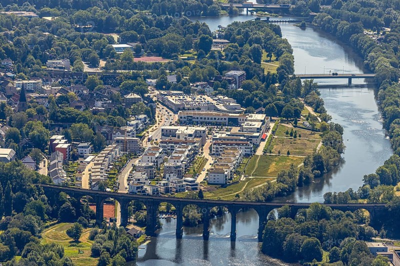 Aerial view, Quartier Ruhr-Aue Center, Ruhr promenade, Ruhr river, Ruhr viaduct Herdecke, Ruhr bridge Herdecke, Herdecke, Ruhr area, North Rhine-Westphalia, Germany, bridge Hagener Straße, DE, shopping centre, shopping markets, shopping square, shopping centre, railway bridge, Europe, commercial buildings, property tax, real estate, aerial view, aerial photography, aerial photography, local supply centre, Quartier Ruhr-Aue, Ruhraue, overview, bird's-eye view, living and working, living and life, residential area, residential buildings, residential quality, residential quarter, birds-eyes view, overview