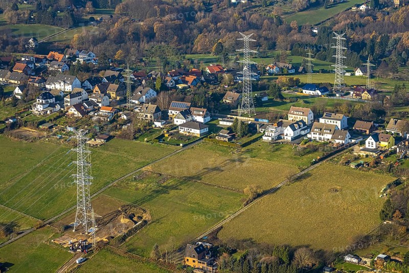 Aerial photo, construction power line Dortmund-Hagen, power pylons, high voltage, Ostend, Herdecke, Ruhr area, North Rhine-Westphalia, Germany, DE, Europe, birds-eyes, view, aerial photo, aerial photography, aerial photography, overview, overview, bird's eye view, power supply, energy, energy supply, power line