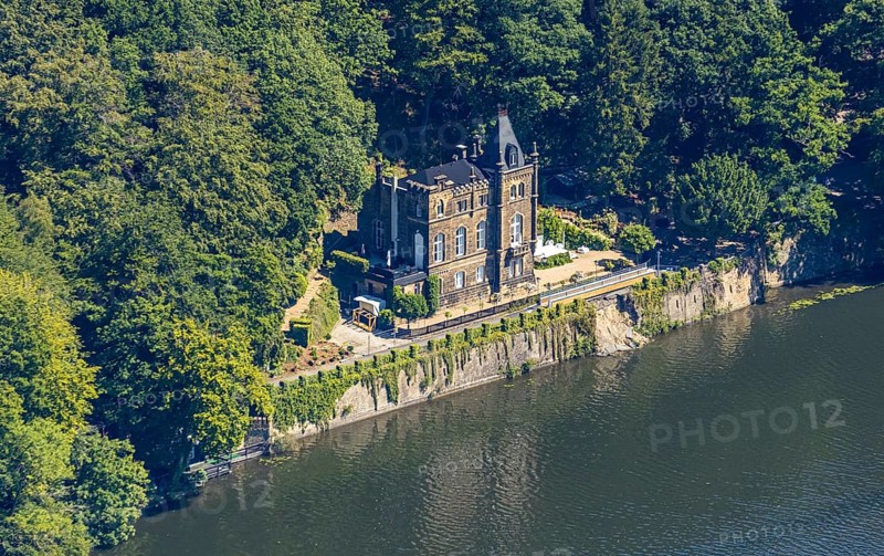 Aerial view, Seeschlösschen Niedernhof, Hengsteysee, Herdecke, Ruhr area, North Rhine-Westphalia, Germany, café, DE, food and drink, Europe, inn, gastronomy, aerial view, aerial photography, aerial photography, restaurant, lake, sight, overview, bank wall, Villa Haus Erlenbroich, bird's eye view, birds-eyes view, historical, overview