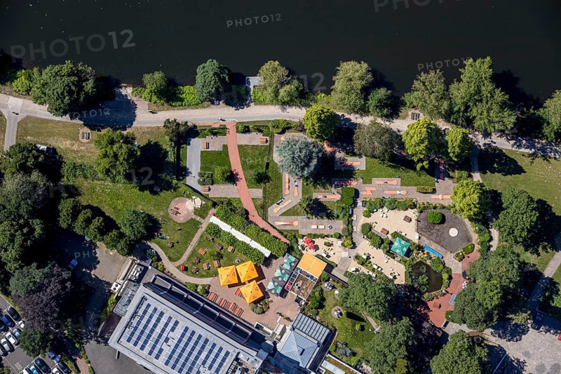 Aerial view, Zweibrücker Hof, Ruhrstrand 54 beer garden, mini golf, Herdecke, Ruhr area, North Rhine-Westphalia, Germany, beer garden, Corona crisis, Corona measures, DE, Europe, inn, gastronomy, green trees, hotel facilities, hotel business, aerial photography, aerial photography, aerial photography, mini golf course, restaurant, Riepe Ringhotel, overview, bird's eye view, birds-eyes view, overview