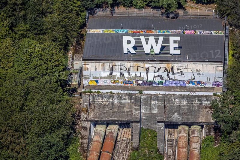 Aerial photo, graffiti, RWE pumped storage power plant Herdecke, Köpchenwerk, Herdecke, Ruhr area, North Rhine-Westphalia, Germany, DE, Europe, aerial photo, aerial photography, aerial photography, RWE, overview, bird's-eye view, bird's-eye view, overview