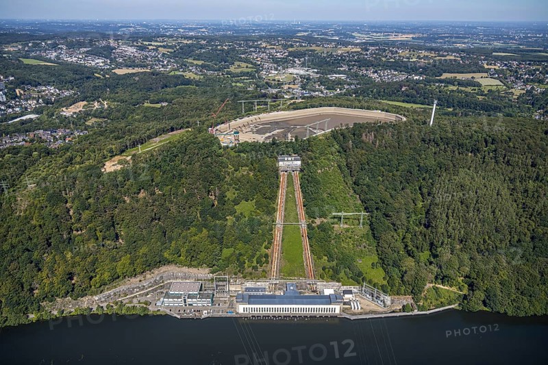 Aerial view, river Ruhr, RWE pumped storage power plant, Köpchenwerk, storage basin, Herdecke, Ruhr area, North Rhine-Westphalia, Germany, DE, Europe, Hengsteysee, aerial view, aerial photography, aerial photography, pumped storage power plant Köpchenwerk, RWE, lake, overview, bird's eye view, forest area, birds-eyes view, overview
