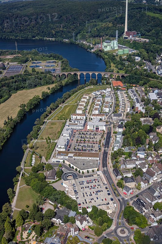 Aerial view, river Ruhr, Ruhr-Aue Center quarter, Ruhr-Viadukt, Herdecke, Ruhr area, North Rhine-Westphalia, Germany, Cuno power station, DE, shopping square, shopping centre, Europe, property tax, real estate, aerial photography, aerial photography, aerial view, local supply centre, Ruhr-Viadukt Herdecke, overview, bird's eye view, living and working, living and life, residential area, residential buildings, residential quality, residential quarter, birds-eyes view, overview
