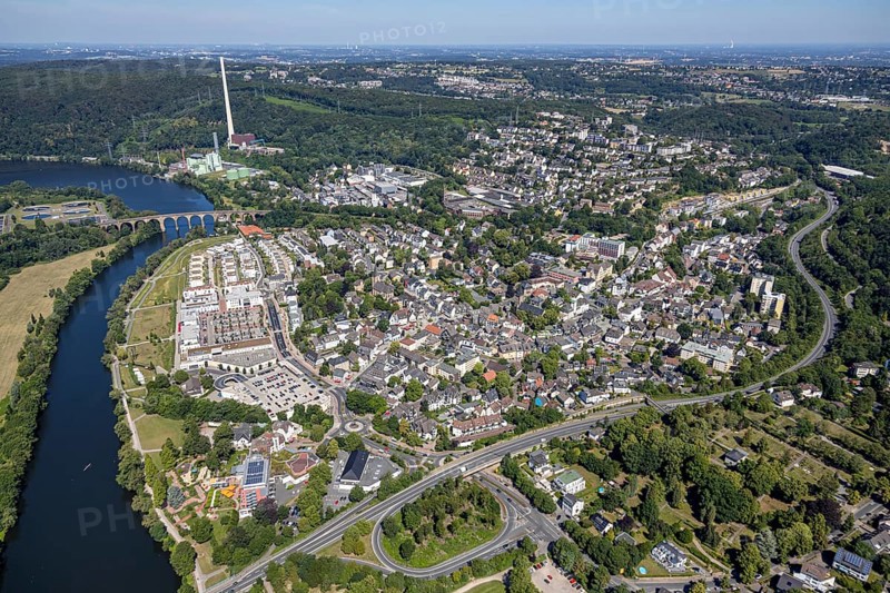 Aerial view, river Ruhr, Ruhr-Aue Center quarter, Ruhr-Viadukt, Herdecke, Ruhr area, North Rhine-Westphalia, Germany, Cuno power station, DE, shopping square, shopping centre, Europe, property tax, real estate, aerial photography, aerial photography, aerial view, local supply centre, Ruhr-Viadukt Herdecke, overview, bird's eye view, living and working, living and life, residential area, residential buildings, residential quality, residential quarter, birds-eyes view, overview