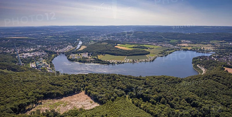 Aerial view, Harkortsee, view to Kaisberg Hagen-Vorhalle, campsite at Harkortsee, weather, Ruhr area, North Rhine-Westphalia, Germany, view to Hagen-Vorhalle, view to Herdecke, camping, camping site, DE, Europe, aerial view, aerial photography, aerial photography, Ruhr-Viadukt Herdecke, lake, overview, bird's-eye view, forest, forest area, forest damage, Wassersportverein und Campingverein Hagen e.V., birds-eyes view, overview