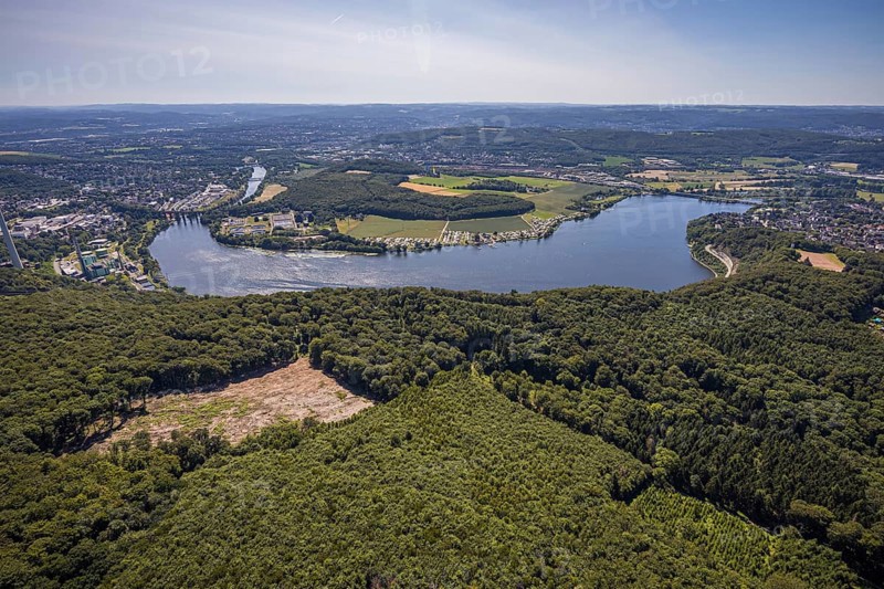 Aerial view, Harkortsee, view to Kaisberg Hagen-Vorhalle, campsite at Harkortsee, weather, Ruhr area, North Rhine-Westphalia, Germany, view to Hagen-Vorhalle, view to Herdecke, camping, camping site, DE, Europe, aerial view, aerial photography, aerial photography, Ruhr-Viadukt Herdecke, lake, overview, bird's-eye view, forest, forest area, forest damage, Wassersportverein und Campingverein Hagen e.V., birds-eyes view, overview