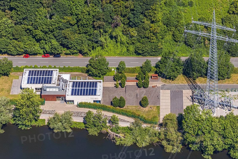 Aerial view, Mark-E Cuno Forum, Strandweg, Wetterstraße, Herdecke, Ruhr area, North Rhine-Westphalia, Germany, DE, energy, Europe, river Ruhr, history of energy production, power plant site, aerial view, aerial photography, aerial photography, power line, overview, bird's-eye view, forest area, birds-eyes view, overview