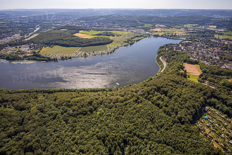 Aerial view, Harkortsee, view to Kaisberg Hagen-Vorhalle, campsite at Harkortsee, Wetter, Ruhr area, North Rhine-Westphalia, Germany, view to Hagen-Vorhalle, view to Herdecke, view to Wetter, camping, camping site, DE, Europe, Harkortturm, aerial view, aerial photography, aerial photography, lake, overview, bird's-eye view, forest area, Wassersportverein und Campingverein Hagen e.V., birds-eyes view, overview
