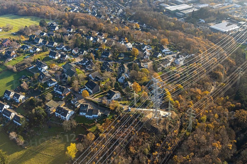 Aerial photo, construction power line Dortmund-Hagen, power pylons, high voltage, Ostend, Herdecke, Ruhr area, North Rhine-Westphalia, Germany, DE, Europe, birds-eyes, view, aerial photo, aerial photography, aerial photography, overview, overview, bird's eye view, power supply, energy, energy supply, power line, controversial power line through residential areas