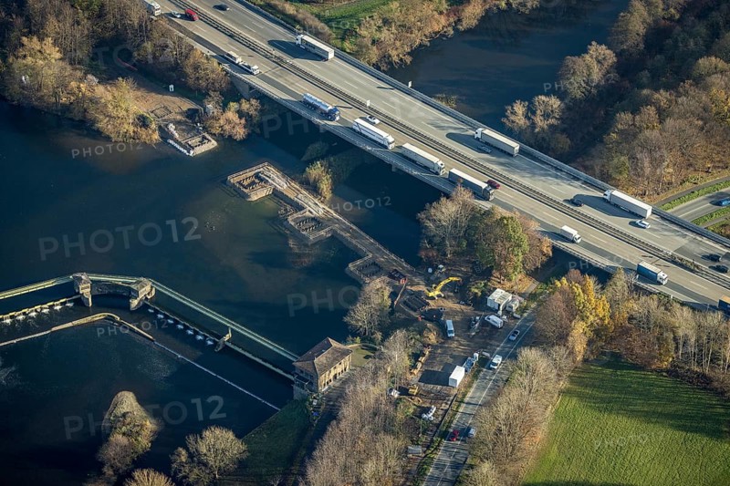 Aerial view, construction site new Volme bridge, motorway A1, Volme bridge, Ruhr, Volme, Boele, Hagen, Ruhr area, North Rhine-Westphalia, Germany, DE, Europe, birds-eyes, view, aerial photography, aerial photography, aerial photography, overview, bird's eye view, motorway, A1, transport, traffic, infrastructure, logistics, road traffic, waterway, shipping, goods traffic, ships, waters, Hengsteysee