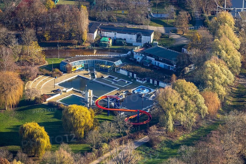 Aerial view, outdoor pool Herdecke, water slide, swimming pool, Herdecke, Ruhr area, North Rhine-Westphalia, Germany, DE, Europe, birds-eyes, view, aerial photography, aerial photography, overview, overview, bird's eye view, leisure, swimming, sport, fitness, water