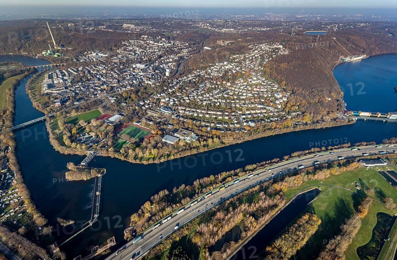 Aerial view, overview Herdecke, Heygsteysee, Harkortsee, Cuno power plant, Köpchenwerk, RWE pumped storage plant, motorway A1, Volmebrücke, Ruhr, Herdecke, Ruhr area, North Rhine-Westphalia, Germany, DE, Europe, birds-eyes, view, aerial photography, aerial photography, aerial photography, overview, overview, bird's eye view, Hengsteysee, motorway, A1, waterway, shipping, transport, logistics, goods movement, ships, waters, water, leisure, swimming, boats, shipping, recreation, traffic, infrastructure, road traffic