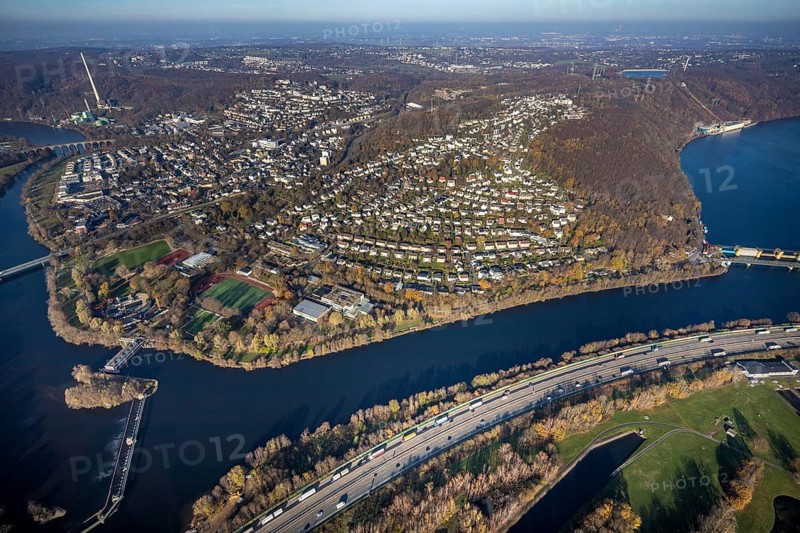 Aerial view, overview Herdecke, Heygsteysee, Harkortsee, Cuno power plant, Köpchenwerk, RWE pumped storage plant, motorway A1, Volmebrücke, Ruhr, Herdecke, Ruhr area, North Rhine-Westphalia, Germany, DE, Europe, birds-eyes, view, aerial photography, aerial photography, aerial photography, overview, overview, bird's eye view, Hengsteysee, motorway, A1, waterway, shipping, transport, logistics, goods movement, ships, waters, water, leisure, swimming, boats, shipping, recreation, traffic, infrastructure, road traffic