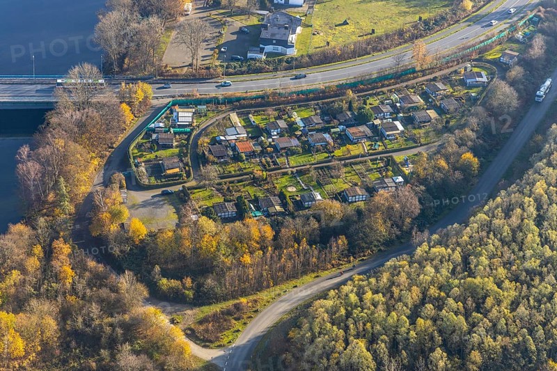 Aerial view, allotment garden association Ruhraue, allotment garden houses, Herdecke, Ruhr area, North Rhine-Westphalia, Germany, DE, Europe, birds-eyes, view, aerial view, aerial photography, aerial photography, overview, bird's eye view, garden, plants, flowers, fruits, useful plants, fruit, vegetables, recreation, leisure, nature
