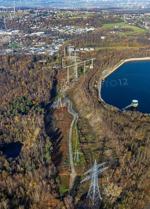 Aerial photo, Köpchenwerk, pumped-storage power station, power pylons, Wittbräucke, Herdecke, Ruhr area, North Rhine-Westphalia, Germany, DE, Europe, birds-eyes, view, aerial photography, aerial photography, overview, overview, bird's-eye view, energy, wind energy, power station, power supply, electricity, power generation, power supply, high-voltage, power supply