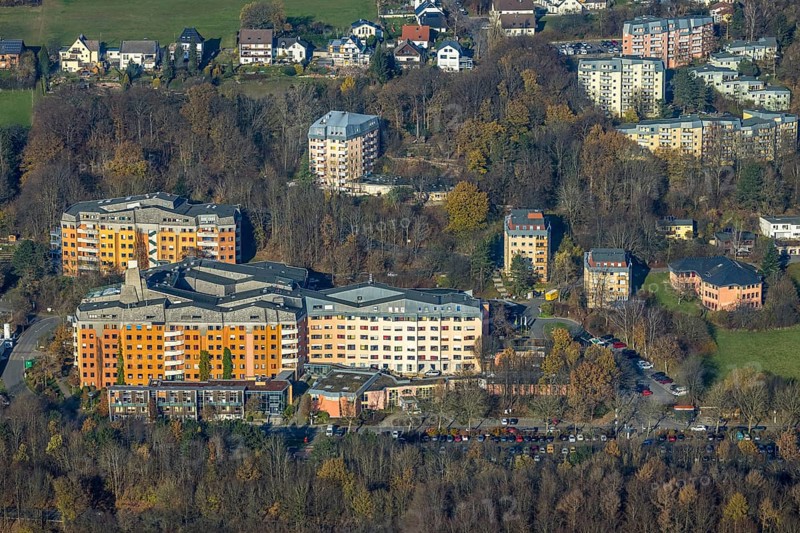 Aerial view, community hospital Herdecke, Westende, Herdecke, Ruhr area, North Rhine-Westphalia, Germany, DE, Europe, birds-eyes, view, aerial photography, aerial photography, overview, overview, bird's eye view, health, care, doctors, medicine, surgery, therapy