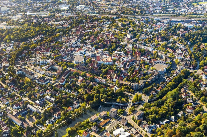 Aerial view, townscape, Herford city, Herford, city wall, Ostwestfalen-Lippe, OWL, North Rhine-Westphalia, Germany, DE, Europe, aerial view, aerial photography, aerial photography, OWL book, OWL book, Ostwestfalenbuch, overview, bird's-eye view, bird's-eye view, overview