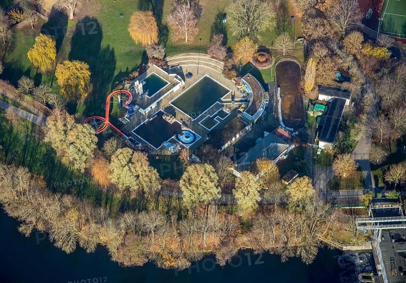 Aerial view, outdoor pool Herdecke, water slide, swimming pool, Herdecke, Ruhr area, North Rhine-Westphalia, Germany, DE, Europe, birds-eyes, view, aerial photography, aerial photography, overview, overview, bird's eye view, leisure, swimming, sport, fitness, water