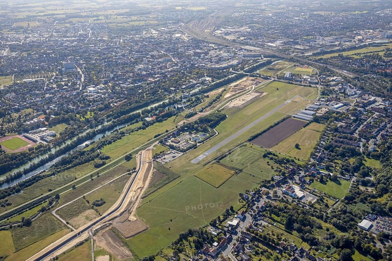 Aerial view, Hamm airfield, Mattenbecke sewage treatment plant, Lippe floodplain, Datteln-Hamm canal, River Lippe, Hamm, Ruhr area, North Rhine-Westphalia, Germany