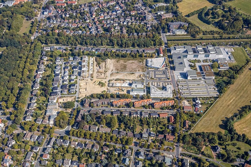 Aerial view, construction area SCI:Q Science Quarter Hamm, Paracelsuspark, Hamm-Lippstadt University of Applied Sciences, Bad Hamm, Hamm, Ruhr area, North Rhine-Westphalia, Germany, construction work, construction, construction area, building site, building plots, construction project, construction site, education, DE, Europe, university, teaching institute, aerial view, aerial photography, aerial photography, Marker Allee, new building, school, Science Quarter Hamm, technology centre, Techpark, overview, bird's-eye view, science quarter, birds-eyes view, overview