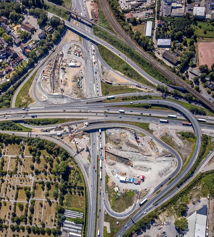 Aerial view, motorway junction Herne, new construction tunnel Baukau from the A43 to the A42, Herne, Ruhr area, North Rhine-Westphalia, Germany, motorway A42, motorway A43, DE, Europe, distant view, aerial view, aerial photography, aerial photography, Rhine-Ruhr metropolitan region, road traffic, overview, traffic volume, bird's-eye view, overview