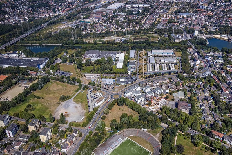Aerial view, construction site Seniorcampus Herne - Protea wohnen am Schloss, real Arena, Sportclub Westfalia 04 e.V. Herne, Herne, Ruhr area, North Rhine-Westphalia, Germany, retirement home, nursing home, care and nursing, DE, Europe, Forellstraße, football stadium, football club, aerial view, aerial photography, aerial photography, Rhine-Ruhr metropolitan region, care facility, retirement home, retirement residence, retirement home, retirement centre, sports, sports facilities, sports field, sports facility, stadium, overview, bird's-eye view, overview