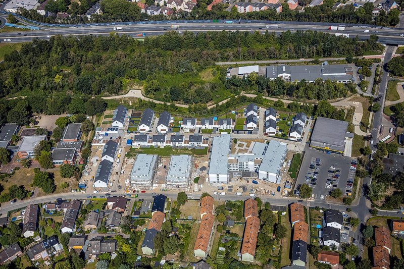 Aerial view, construction site, new housing estate Jürgens Hof, Am Fischergraben, Herne, Ruhr area, North Rhine-Westphalia, Germany, construction work, construction, construction area, building site, building plots, construction project, construction site, DE, Europe, property tax, real estate, aerial photograph, aerial photography, aerial photography, Rhine-Ruhr metropolitan region, new construction, overview, bird's eye view, residential complex, living and living, residential area, residential buildings, residential quality, residential neighbourhood, residential estate, bird's eye view, overview