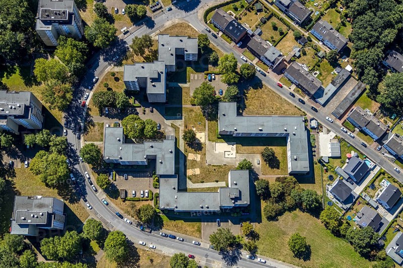 Aerial view, Emsring residential area, high-rise buildings, Herne, Ruhr area, North Rhine-Westphalia, Germany, DE, Europe, shapes and colours, property tax, real estate, aerial view, aerial photography, aerial photography, Rhine-Ruhr metropolitan region, overview, bird's-eye view, housing estate, residential area, residential buildings, residential quality, residential quarter, housing estate, birds-eyes view, overview