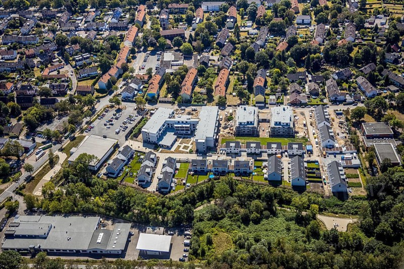 Aerial view, construction site, new housing estate Jürgens Hof, Am Fischergraben, Herne, Ruhr area, North Rhine-Westphalia, Germany, construction work, construction, construction area, building site, building plots, construction project, construction site, DE, Europe, property tax, real estate, aerial photograph, aerial photography, aerial photography, Rhine-Ruhr metropolitan region, new construction, overview, bird's eye view, residential complex, living and living, residential area, residential buildings, residential quality, residential neighbourhood, residential estate, bird's eye view, overview