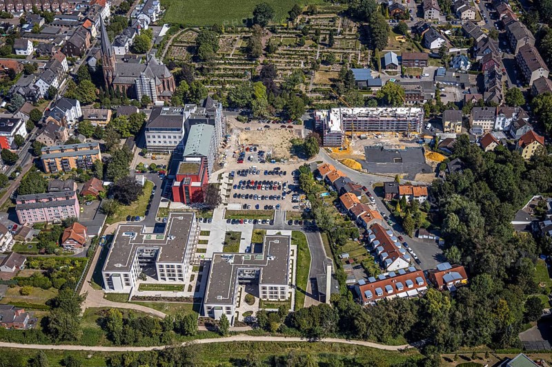 Aerial view, construction site Widumer Höfe, the future retirement home of the St Elisabeth Group, St Peter and Paul Catholic Church, Widumer Strasse Catholic Cemetery, Herne, Ruhr area, North Rhine-Westphalia, Germany. Widumer Straße cemetery, Herne, Ruhr area, North Rhine-Westphalia, Germany, retirement home, retirement home, retirement home, place of worship, construction work, construction, construction area, construction site, construction site, construction project, construction site, burial site, care and nursing, DE, Europe, cemetery, memorial site, religious community, place of worship, house of worship, crypt, graves, burial ground, church, parish, denomination, aerial view, aerial photography, aerial photography, Rhine-Ruhr metropolitan region, new building, care facility, religion, resting place, retirement home, retirement residence, retirement home, retirement centre, overview, bird's-eye view, bird's-eye view, overview