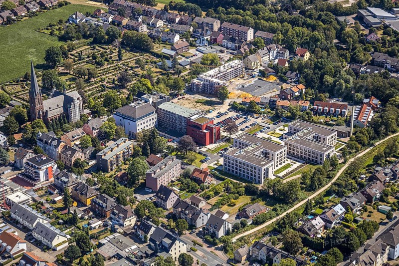 Aerial view, construction site Widumer Höfe, the future retirement home of the St Elisabeth Group, St Peter and Paul Catholic Church, Widumer Strasse Catholic Cemetery, Herne, Ruhr area, North Rhine-Westphalia, Germany. Widumer Straße cemetery, Herne, Ruhr area, North Rhine-Westphalia, Germany, retirement home, retirement home, retirement home, place of worship, construction work, construction, construction area, construction site, construction site, construction project, construction site, burial site, care and nursing, DE, Europe, cemetery, memorial site, religious community, place of worship, house of worship, crypt, graves, burial ground, church, parish, denomination, aerial view, aerial photography, aerial photography, Rhine-Ruhr metropolitan region, new building, care facility, religion, resting place, retirement home, retirement residence, retirement home, retirement centre, overview, bird's-eye view, bird's-eye view, overview