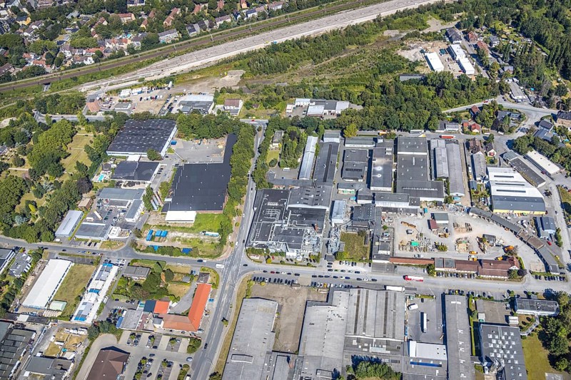 Aerial view, industrial area Am Trimbuschhof, Werkshallenstraße, location for new fire station, Herne, Ruhr area, North Rhine-Westphalia, Germany, fire fighter, fire protection, fire station, DE, Europe, fire station, fire brigade, commercial enterprises, commercial area, commercial location, commercial use, industrial plants, industrial area, industrial location, aerial view, aerial photography, aerial photography, metropolitan region Rhine-Ruhr, rescue station, overview, bird's eye view, birds-eyes view, overview