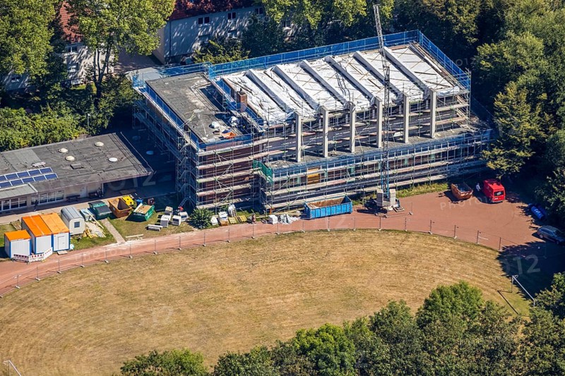 Aerial view, Otto-cock-Gymnasium Herne, construction site indoor swimming pool, Herne, Ruhr area, North Rhine-Westphalia, Germany, construction work, construction, construction area, construction site, construction site, construction measure, construction project, construction site, education, educational institution, DE, Europe, grammar school, indoor swimming pool, teaching institute, aerial view, aerial photography, aerial photography, Rhine-Ruhr metropolitan region, school, overview, bird's-eye view, overview