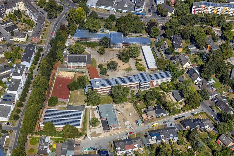 Aerial view, construction site renovation, Kolibri-Schule, sports hall Flottmannstraße, Herne, Ruhr area, North Rhine-Westphalia, Germany, construction work, construction, construction area, building site, building plots, construction measure, construction project, construction site, education, educational institution, DE, Europe, primary school, teaching institute, aerial view, aerial photography, aerial photography, Rhine-Ruhr metropolitan region, school, overview, bird's eye view, overview