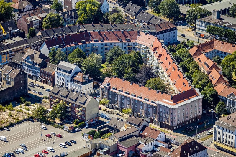Aerial view, housing estate Goebenstraße, Herne, Ruhr area, North Rhine-Westphalia, Germany, DE, Europe, shapes and colours, property tax, green spaces, real estate, aerial photography, aerial photography, aerial photography, Rhine-Ruhr metropolitan region, overview, bird's-eye view, housing estate, housing and living, residential area, residential buildings, quality of living, residential quarter, housing estate, birds-eyes view, overview