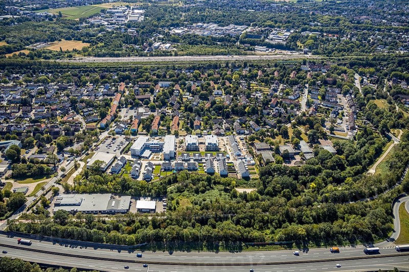 Aerial view, construction site, new housing estate Jürgens Hof, Am Fischergraben, Herne, Ruhr area, North Rhine-Westphalia, Germany, construction work, construction, construction area, building site, building plots, construction measure, construction project, construction site, DE, Europe, property tax, real estate, aerial view, aerial photography, aerial photography, Rhine-Ruhr metropolitan region, new construction, overview, bird's eye view, residential complex, living and living, residential area, residential buildings, residential quality, residential neighbourhood, residential estate, bird's eye view, overview