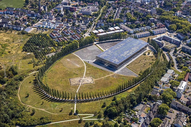 Aerial view, tree avenue Mont-Cenis colliery, Mont-Cenis Academy, Herne, Ruhr area, North Rhine-Westphalia, Germany, tree circle, DE, energy park, Europe, distant view, shapes and colours, training institute, aerial view, aerial photography, aerial photography, Rhine-Ruhr metropolitan region, Mont-Cenis-Platz, terraced houses, overview, bird's-eye view, former Mont-Cenis colliery, former coal mine, overview