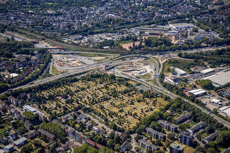 Aerial view, motorway junction Herne, new construction tunnel Baukau from the A43 to the A42, Herne, Ruhr area, North Rhine-Westphalia, Germany, motorway A42, motorway A43, DE, Europe, distant view, aerial view, aerial photography, aerial photography, Rhine-Ruhr metropolitan region, road traffic, overview, traffic volume, bird's-eye view, overview