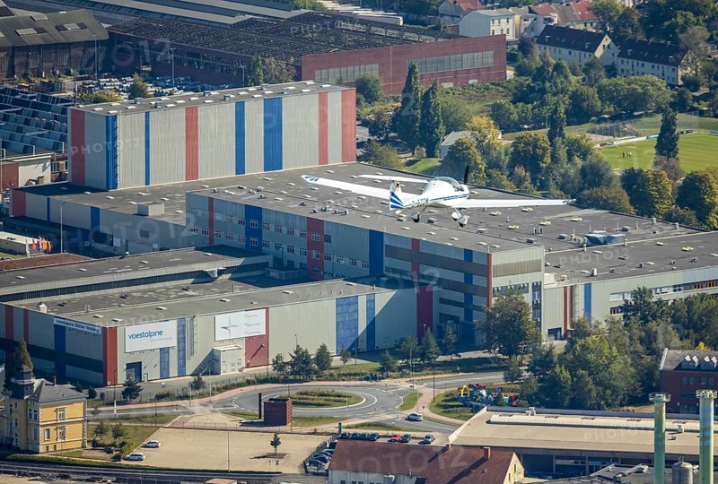 Aerial photo, voestalpine Böhler Welding Deutschland GmbH, aeroplane in the air, Hamm, Ruhr area, North Rhine-Westphalia, Germany, DE, Europe, aircraft, commercial enterprises, commercial area, commercial location, commercial use, harbour road, industrial area, industrial location, aerial photograph, aerial photography, aerial photography, overview, bird's-eye view, overview