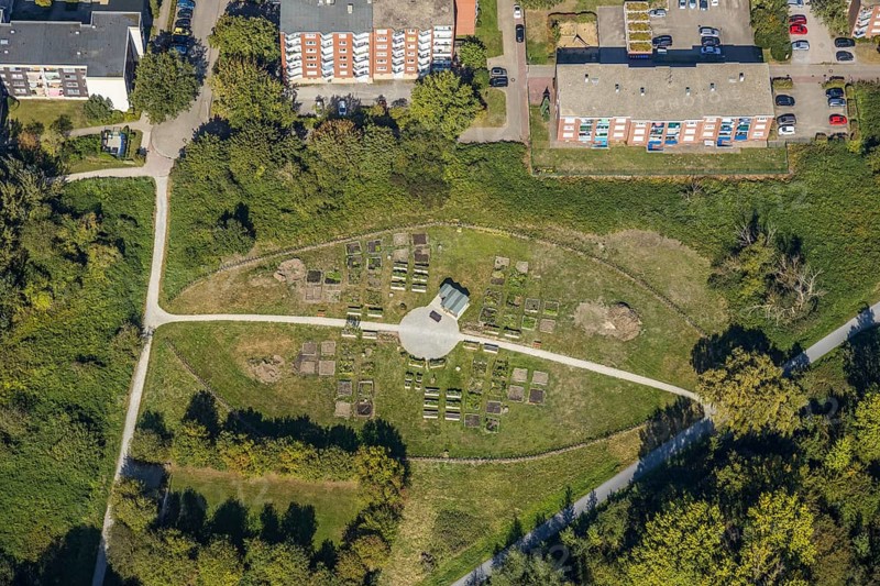 Aerial view, Urbaner Garten Kornmersch, Hamm, Ruhr area, North Rhine-Westphalia, Germany, flower field, DE, Europe, community garden, aerial view, aerial photography, aerial photography, overview, urban gardening, bird's-eye view, bird's-eye view, overview, sowing, cultivating and harvesting in your own bed