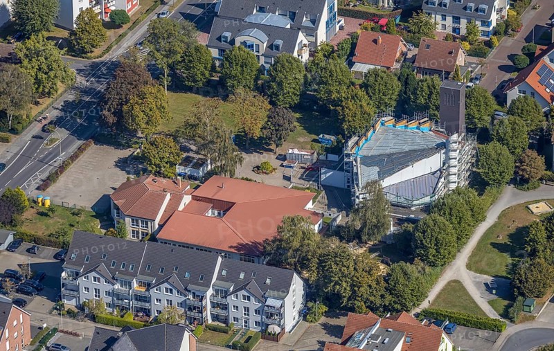 Aerial view, construction site church St. Bonifatius, Catholic parish St. Bonifatius, Werries, Hamm, Ruhr area, North Rhine-Westphalia, Germany, Alter Uentroper Weg, place of worship, building, building area, building site, building plots, construction project, construction site, DE, Europe, religious community, place of worship, church, parish, denomination, aerial photograph, aerial photography, aerial photography, religion, renovation, refurbishment, overview, bird's-eye view, overview