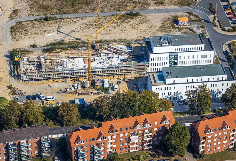 Aerial view, construction area SCI:Q Science Quarter Hamm, Paracelsuspark, Bad Hamm, Hamm, Ruhr area, North Rhine-Westphalia, Germany, construction work, construction, construction area, building site, building plots, construction measure, construction project, construction site, education, educational institution, DE, Europe, aerial view, aerial photography, aerial photography, Marker Allee, new building, Science Quarter Hamm, Techpark, overview, bird's eye view, science quarter, birds-eyes view, overview