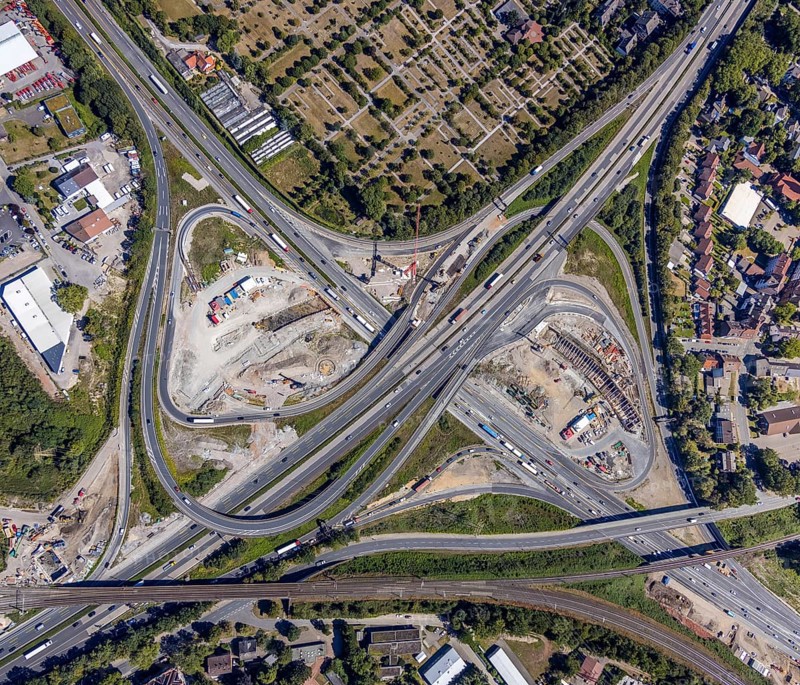 Aerial view, motorway junction Herne, new construction tunnel Baukau from the A43 to the A42, Herne, Ruhr area, North Rhine-Westphalia, Germany, motorway A42, motorway A43, DE, Europe, distant view, aerial view, aerial photography, aerial photography, Rhine-Ruhr metropolitan region, road traffic, overview, traffic volume, bird's-eye view, overview