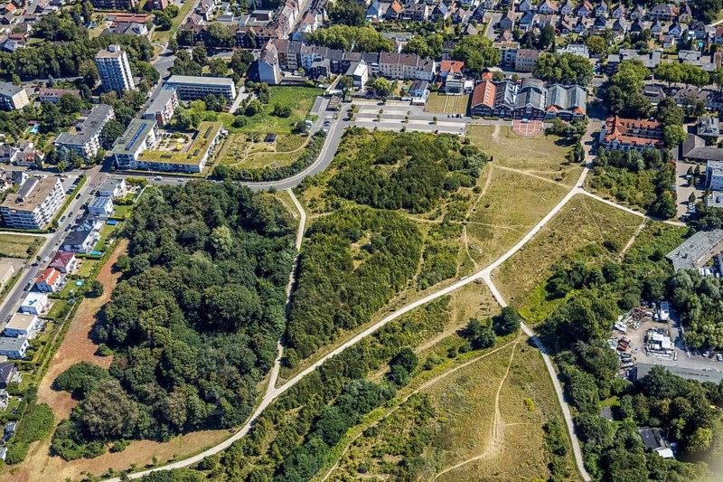 Aerial view, Flottmannpark, Herne, Ruhr area, North Rhine-Westphalia, Germany, DE, Europe, green trees, aerial view, aerial photography, aerial photography, Rhine-Ruhr metropolitan region, park, overview, bird's eye view, birds-eyes view, green lung, overview